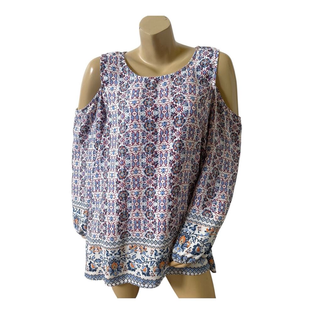 Bobeau Boho Floral Cold Shoulder Peasant Top Plus Size 1X Lightweight